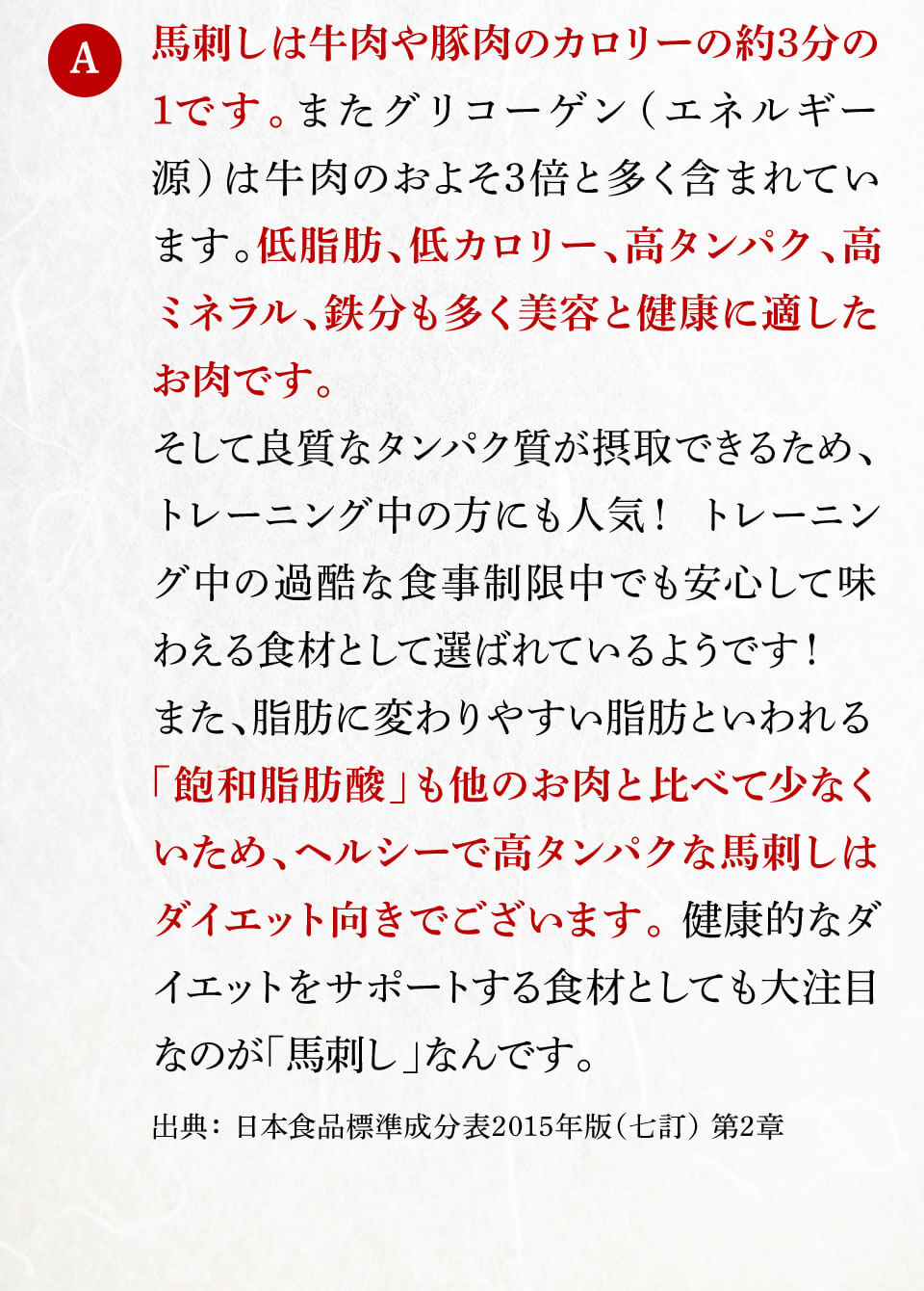 馬刺しは牛肉や豚肉のカロリーの約3分の1です。低脂肪、低カロリー、高タンパク、高ミネラル、鉄分も多く美容と健康に適したお肉です。