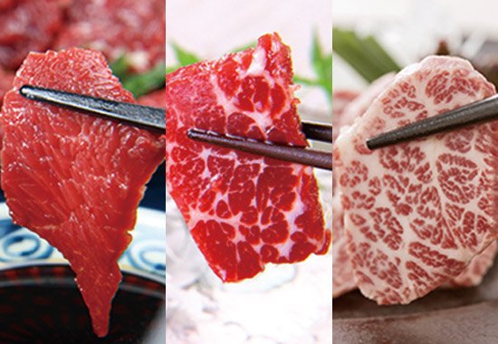 赤身・霜降り・プレミアム馬刺しの「3種食べ比べセット」